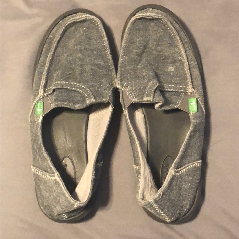 Gray fabric Sanuk slip ons